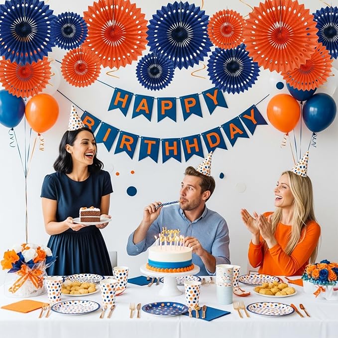 BEISHIDA Blue Orange Tissue Hanging Honeycomb Round Paper Fans Decoration Set for Birthday Baby Shower Bachelorette Wedding Photo Booth Backdrops Anniversary Paper Party Supplies(12 Packs)