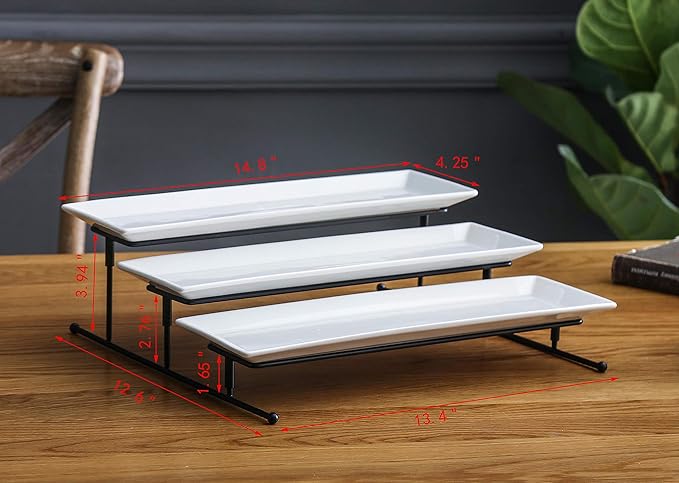 3 Tier Collapsible Thicker Sturdier Plate Rack Stand with Plates - Three Tiered Cake Serving Tray - Dessert Fruit Presentation - Party Food Server Display - 3 White 12' x 6" Porcelain Platters Incl