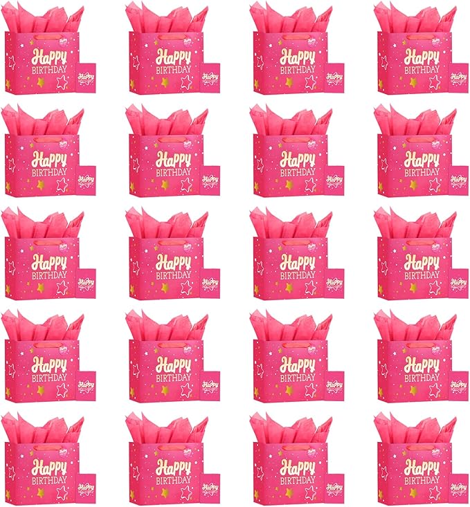 Powbrace 13" Pink Happy Birthday Gift Bag with Tissue Paper and Greeting Card for Party,Happy Birthday Gift Bag for Men Women,Gift Bags Medium size(20 PCS Pink Hot Stamping)