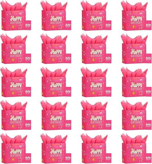 Powbrace 13" Pink Happy Birthday Gift Bag with Tissue Paper and Greeting Card for Party,Happy Birthday Gift Bag for Men Women,Gift Bags Medium size(20 PCS Pink Hot Stamping)