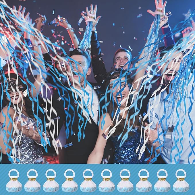 Arrowbash 48 Pcs No Mess Streamers Confetti Hand Throw Streamers Paper Crackers for New Years Wedding Opening Celebrations Birthday Retirement Engagement Graduation Party Favors Decor(White and Blue)
