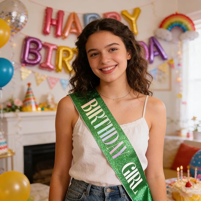 Birthday Sash for Girl, Dazzle Foil Letter Glitter Green Birthday Sash for Women Girl Kids Teenager Bday Gifts Party Favors Photo Prop