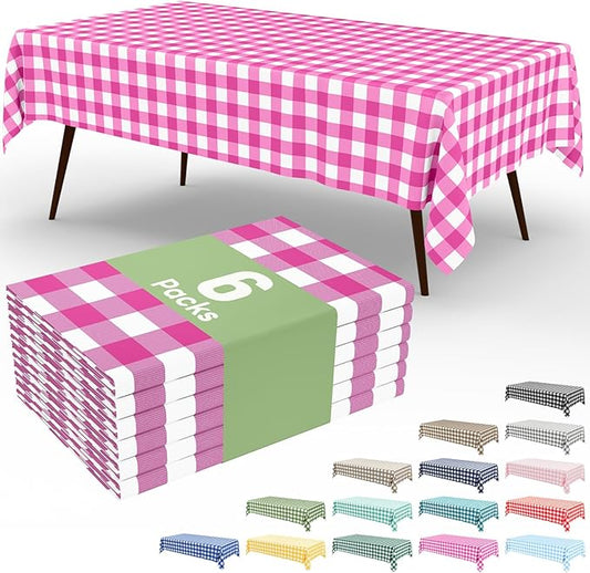 Smiry 6 Pack Hot Pink Gingham Disposable Tablecloths - 54" x 108" Heavy Duty Plastic Table Cloth, Waterproof Buffalo Plaid Table Covers for Picnic, Banquets, Parties