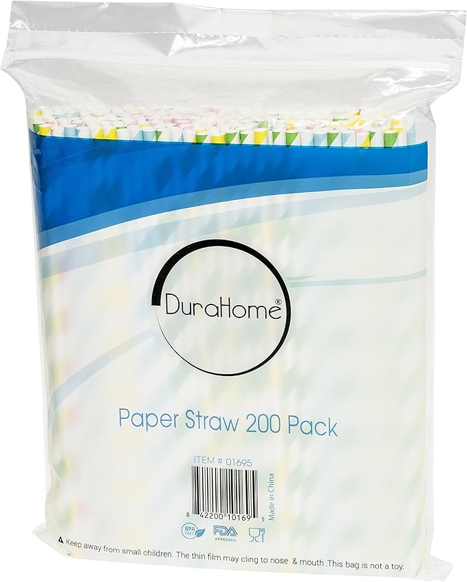 Paper Straws Biodegradable 200 Pack Striped Multi Colored BPA-Free Disposable 8.25" Long Non-Flexible Straw for Everyday/Birthday Party/Easter/Baby Shower/Wedding - By DuraHome