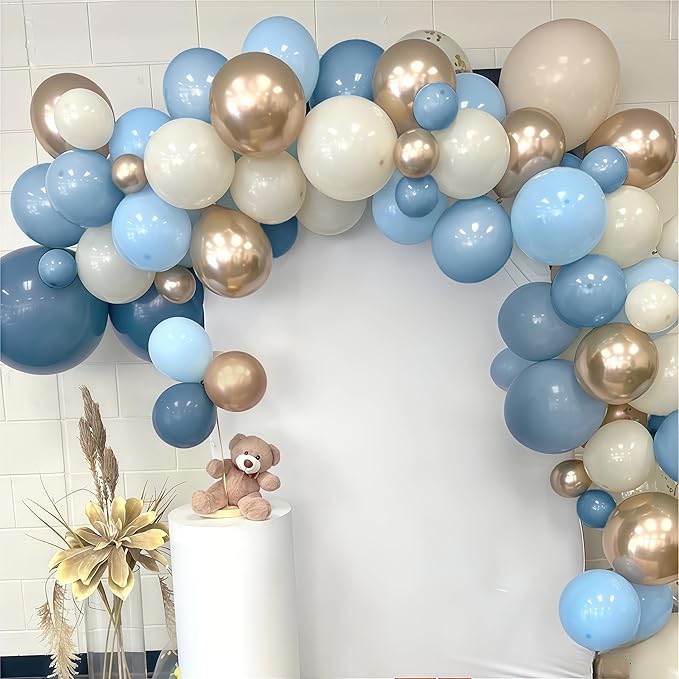 Dusty Blue Balloon Set, 60Pcs 12 Inch Slate Muted Baby Blue Fog Pastel Light Blue White Sand Balloon with Metallic Confetti Champagne Gold Balloons for Boy Birthday Party Baby Bridal Shower Decortaion
