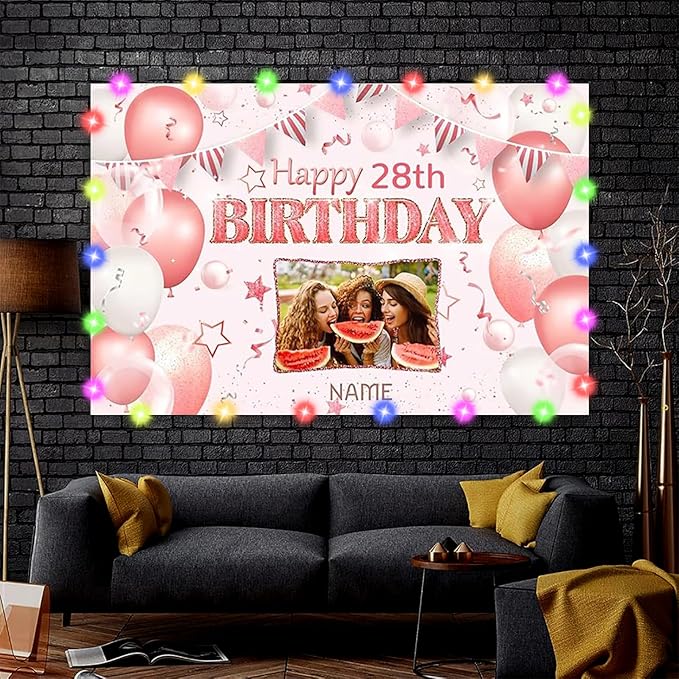 Custom Pink and Rose Gold Happy Birthday Party Decorations Supplies Birthday Party Backdrop for Women and Girls，Personalization Happy Birthday Banner Background