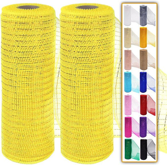 2 Pcs Yellow Deco Mesh Ribbon Rolls 10 Inch 10 Yards(30 ft) Decorative Mesh Fabric with Foil for Wreaths Christmas Tree Ribbon Door DIY Craft Halloween Decor Wedding Party Supplies (Yellow, 2Pcs)
