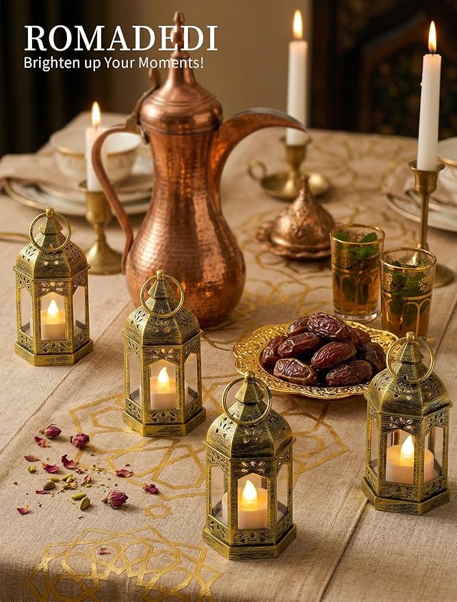 Romadedi Decorative Mini Lanterns for Centerpieces - Set of 10 Gold Vintage Small Candle Lantern Bulk with Remote for Wedding Table Decor Party Ramadan Christmas Halloween, Batteries Included