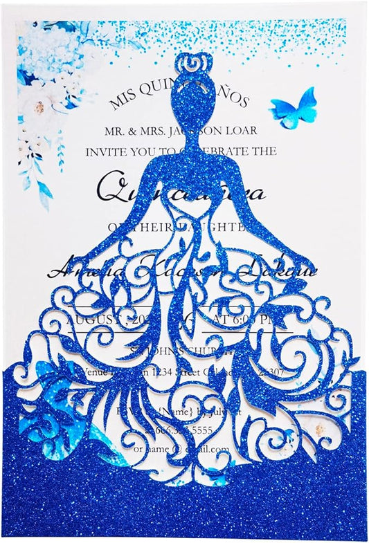 50PCS 5 x 7.3'' Personalized Quinceanera Invitations, Laser Cut Girl Princess Invitation Card Kit with Envelopes for Birthday Party, Quinceañera, XV Años, Mis Quince, Sweet 16 (Royal Blue Glitter)