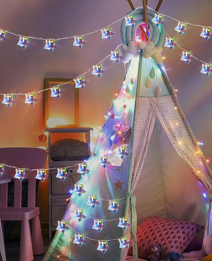 AceList 50 LED Iridescent Decor 10Ft Star String Lights USB/Battery Operated String Lights Indoor/Outdoor, Holographic Decor for Christmas Birthday Party Tent(White)
