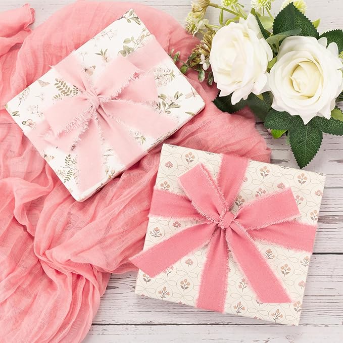 Pink Cotton Ribbon 1 Inch Pink, Baby Pink & Dusty Rose 3 Rolls 21 Yards Frayed Edge Fabric Set for Wedding Invitations, Bridal Shower, Baby Shower Decor, Bouquet Wrap & Gift Wrapping