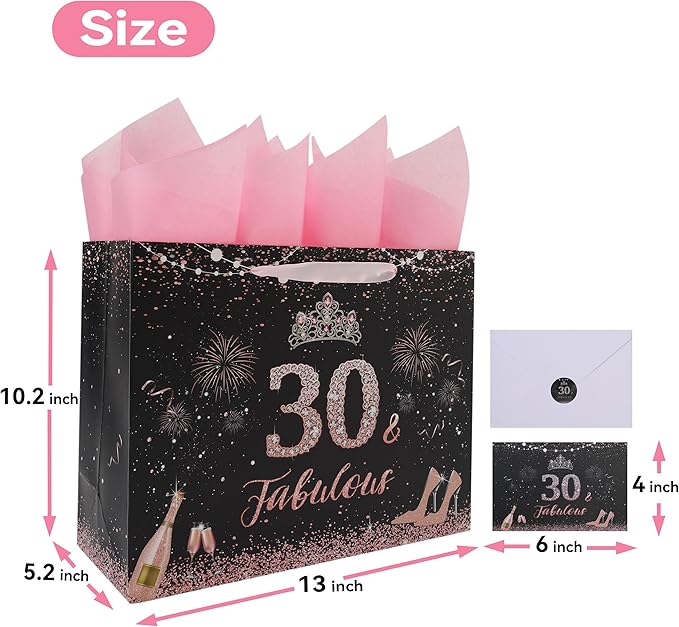 wishinside 13'' Large 30th Birthday Gift Bag Set with Handles, Greeting Card, Pink Tissue Papers and Stickers for 30 Year Old, Her, Women, Sister, Daughter, Best Friend, Tiara Design, 1 Pcs