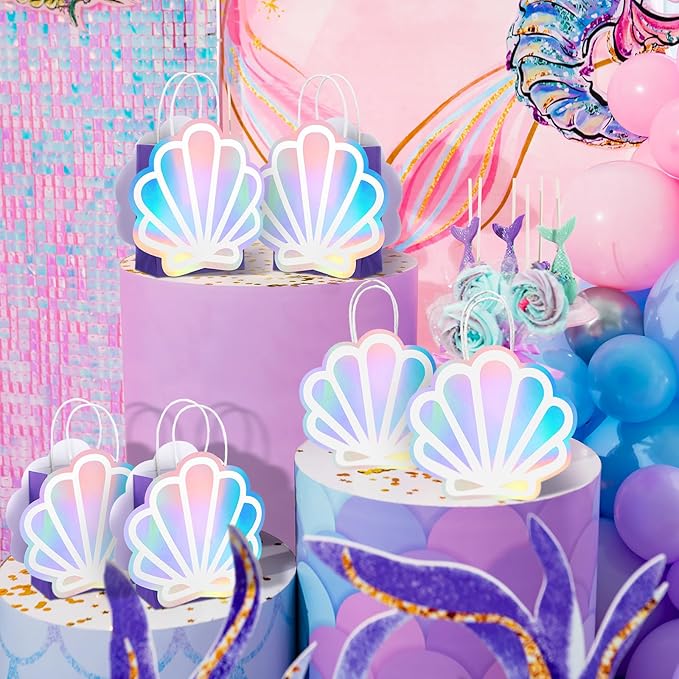 Locmeo 24 Pack Holographic Shell Gift Bags Mermaid Party Favor Bags with Iridescent Shell Cards for Mermaid Themed Supplies Ocean Under the Sea Party Favors