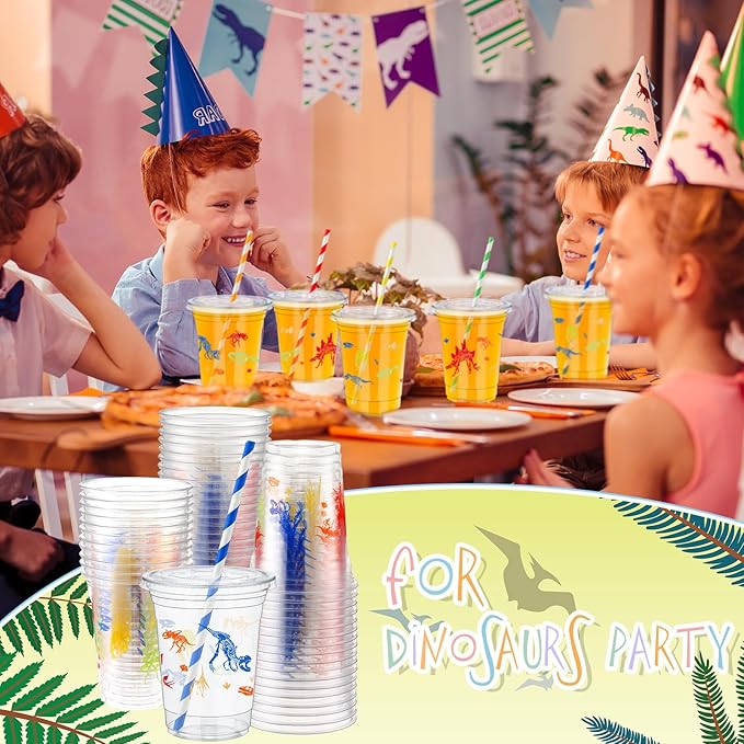 FoldTier 50 Pcs Dinosaur Cups for Kids 12 oz Disposable Plastic Cups with Straws and Lids Dinosaur Clear Cup Birthday Party Cups Supplies for Kids Birthday Table Decorations Party Favor