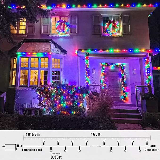 165FT 500 LED Outdoor String Lights, Plug in Christmas Lights Indoor Waterproof, 8 Modes Connectable Fairy Twinkle Lights Clear Wire for Outside Bedroom Patio Garden Party Decorations, Multicolor
