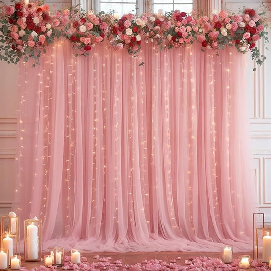 10x10ft Dusty Rose Tulle Backdrop Curtain with Lights String for Parites, Sheer Photo Backdrop Drapes for Wedding Baby Shower Bridal Shower Birthday Party Photo Shoot Background Decorations