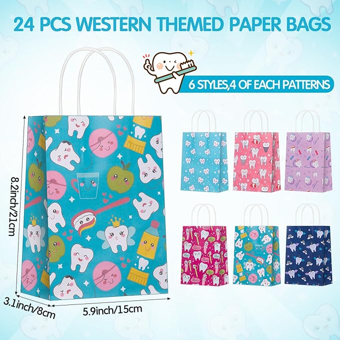 Gaillty 24 Pcs Dental Gift Bags Paper Tooth Merchandise Bags with Handles Teeth Goodie Treat Bag for Patient Dental Assistant Appreciation Week Gifts Dentist Clinics Office Hygiene Party Favors
