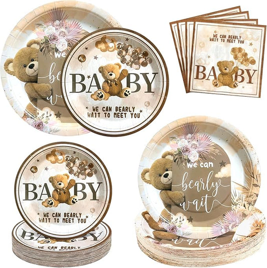 180PCS We Can Bearly Wait Baby Shower Decorations – Brown Bear Plates and Napkins Set, Disposable Tableware for Boy Girl Baby Shower Gender Reveal Party