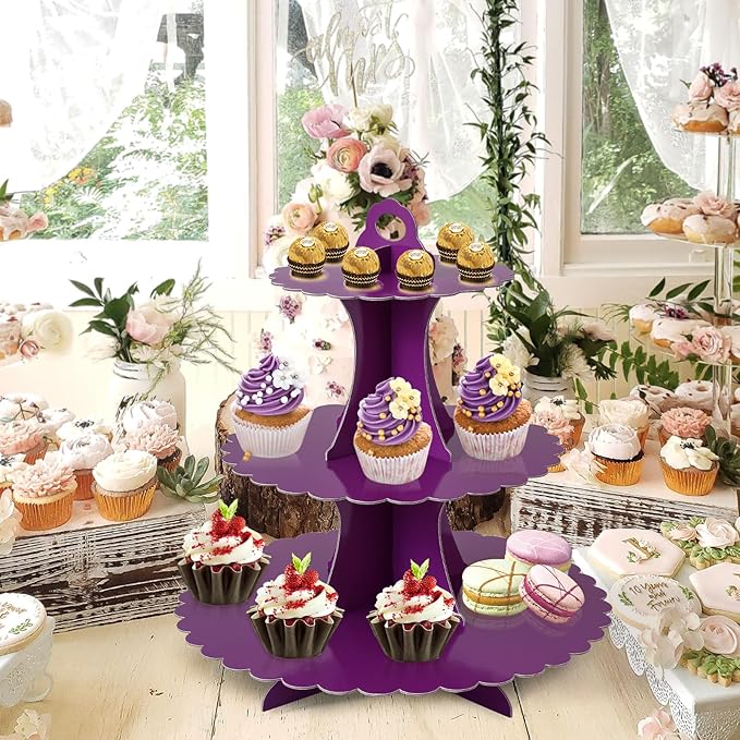 Soleebee 3-Tier Cupcake Stand, Cardboard Cupcake Tower, Dessert Cup Cake Stand Tower for Birthday Wedding Party Decoration, Cupcake Tier Stand 2 Set (Purple)