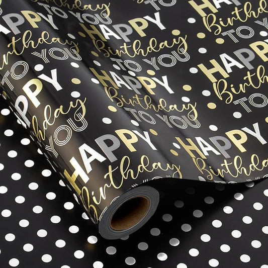 MAYPLUSS Reversible Black Birthday Wrapping Paper Roll - 17 Inch X 33 Feet - Glitter Happy Birthday Lettering Metallic Foil Paper Boy Gift Wrap w/Polka Dot for Party Father's Day Halloween's Day