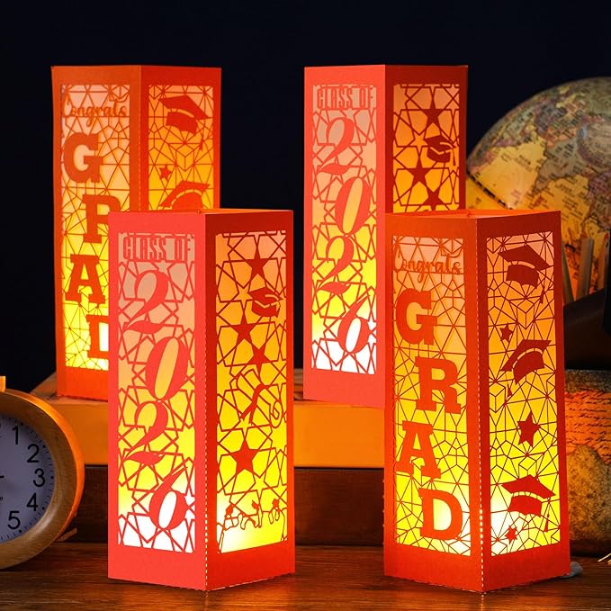 Rossesay 6 Pcs Graduation Table Centerpieces Boxes Class of 2026 Graduation Lanterns for Centerpieces with LED Candles Congrats Grad School College Photo Props for Party Table Decoration (Orange)