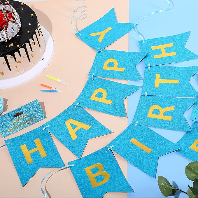 Clabby Glitter Blue Happy Birthday Banner with Shiny Letters Happy Birthday Shiny Glitter Hanging Signs Bunting for Party Supplies Hanging Backdrop Decoration