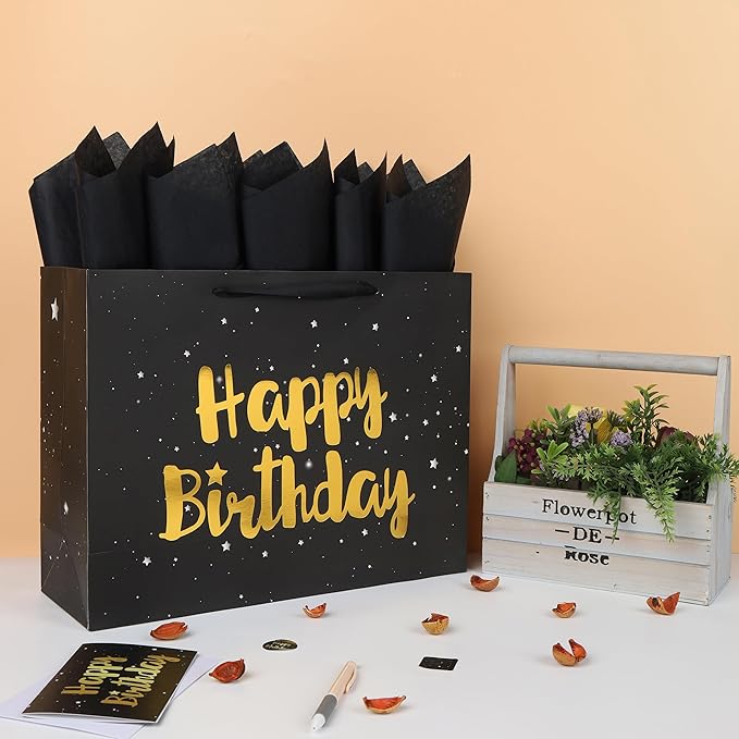 Qirrmiy 16.5'' Extra Large Black Happy Birthday Gift Bag Set with Handles, Greeting Card, Tissue Papers and Stickers for Men Boys Kids, Stars Design, 1 Pcs.