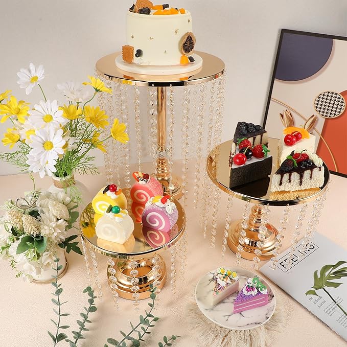 Bokon 6 Pcs Crystal Gold Cake Stand Round Dessert Cupcake Holder Metal Stand Table Cake Pedestal with Crystal Pendant and Wedding Bead Dessert Cupcake Pastry Display Plate for Wedding Birthday Party
