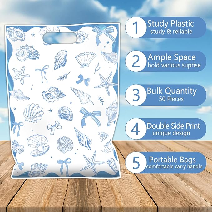 Falueqg Seashell Birthday Party Favors - 50 Pcs Ocean Seashell Beach Goodie Candy Gift Bags Ocean Shell Blue Bow Party Supplies for Summer Wedding Birthday Baby Shower Decorations