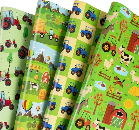 WRAPAHOLIC Tractor Wrapping Paper Sheet - 12 Sheets Folded Flat - Farmhouse Cow Tractor 4 Design for Farm Birthday Baby Shower- 19.7 Inch X 27.6 Inch Per Sheet