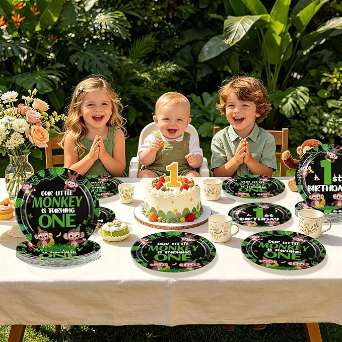 96Pcs Wild One Birthday Decorations Monkey One Years Old Plates and Napkins Safari Jungle 1st Tableware Set for Boys First 1st Safari Wild Jungle Animal Birthday Baby Shower Party Supplies Serves 24