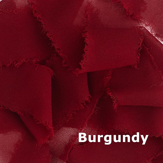 Chiffon Ribbon, Burgundy Silk 1.5''x21Yd Handmade Frayed Fringe Ribbons for Wrapping, DIY Bows, Invitations, Bridal Bouquets, Crafts, Birthday, Wedding, Engagement, Christmas Party, 3 Rolls