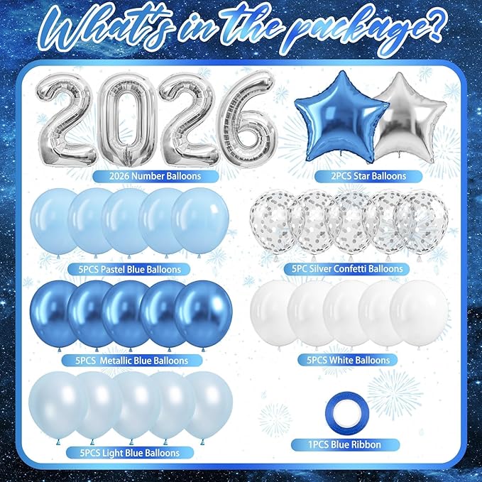 2026 Blue Silver Graduation Decorations Balloons Kit - 40 Inch Silver 2026 Number Balloons, Graduation Party Supplies 2026 for High School College Graduation, Class of 2026 Grad Decor