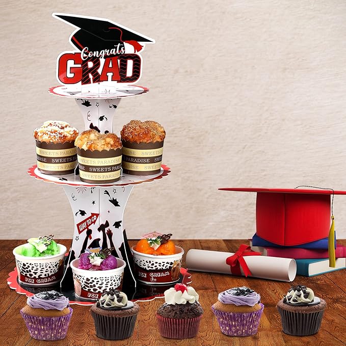 Nuenen 2 Pcs Graduation Cupcake Stand 3 Tier Black Graduation Cupcake Holder Class of 2026 Congrats Grad Cake Holder Dessert Tower for Grad Party Decorations Supplies Favors(Red)