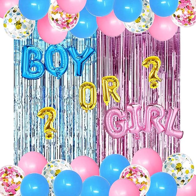 Gender Reveal Party Supplies Kit, Pink and Blue Balloons, Boy or Girl Foil Balloons, Tinsel Curtain, Gender Reveal Party Baby Photo Backdrop for Baby Shower Decorations