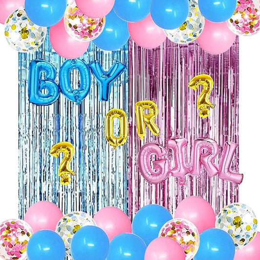 Gender Reveal Party Supplies Kit, Pink and Blue Balloons, Boy or Girl Foil Balloons, Tinsel Curtain, Gender Reveal Party Baby Photo Backdrop for Baby Shower Decorations