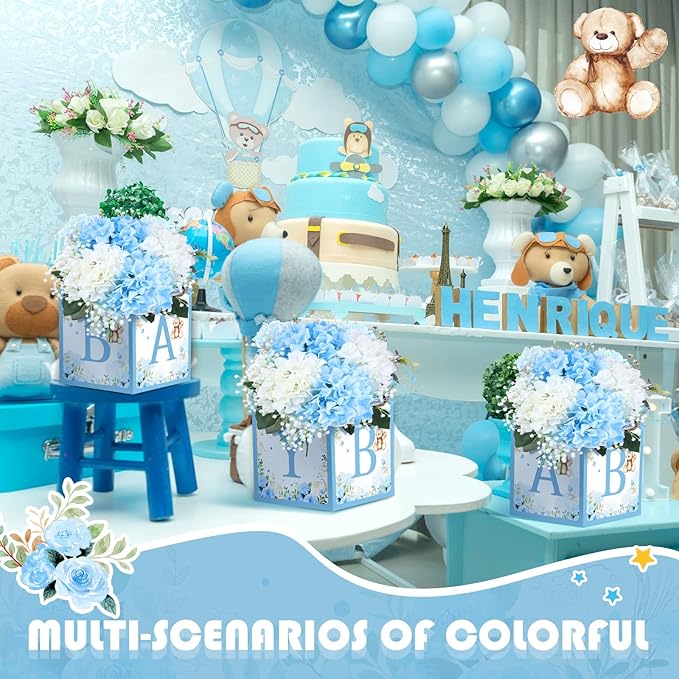 Bucherry 6 Pcs Baby Shower Centerpieces with Letters, 7" Baby Blocks Flower Boxes for Table Decorations, Gender Reveal Party Supplies & Photo Props(Blue,Blue Bear)