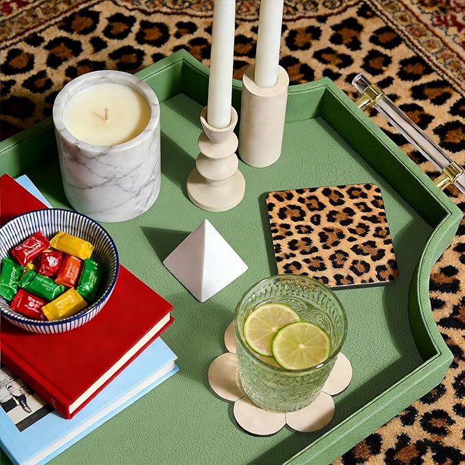 22.6'' × 13'' Coffee Table Tray Shagreen Decorative Tray for Ottoman Home Decor Serving Tray with Acrylic Gold Handles Modern Elegant Scalloped Large Ottoman Tray