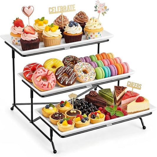 3 Tier Serving Trays for Party, Porcelain Serving Platters and Trays, 12 Inch Tiered Tray Stand, Fruit Tray, Trays for Serving Food, White Dessert Stand with Collapsible Sturdier Metal Rack