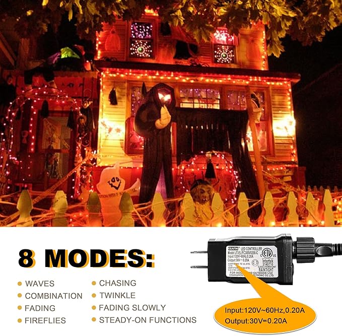 Weillsnow Orange Halloween Lights, 66FT Plug-in Waterproof String Lights, 8 Modes with Memory for Indoor/Outdoor Garden Decorations