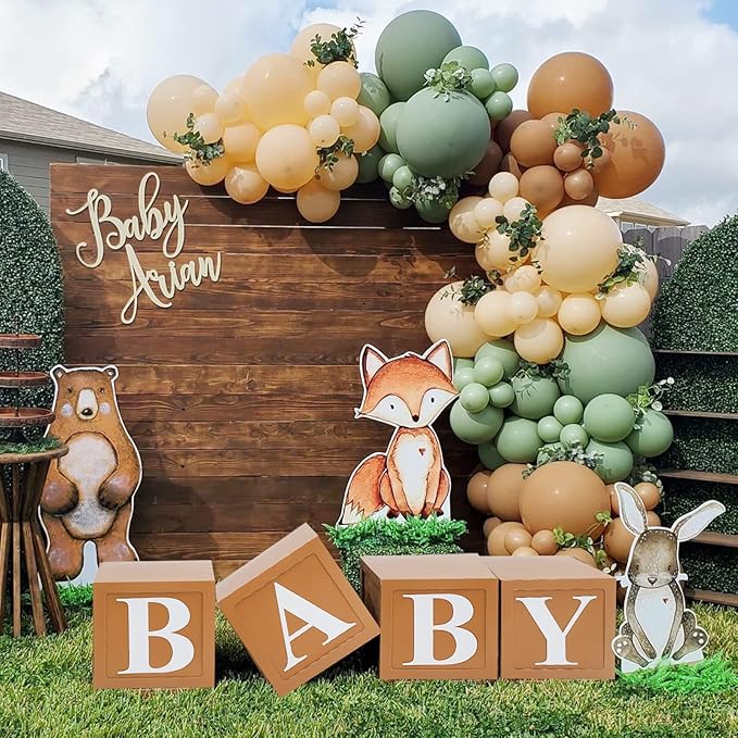 Teddy Bear Baby Shower Boxes Decorations, 4pcs Brown Baby Shower Blocks with Letters, Baby Shower Balloon Paper Boxes for Woodland Baby Shower Decor Boys Girls Gender Reveal Backdrop