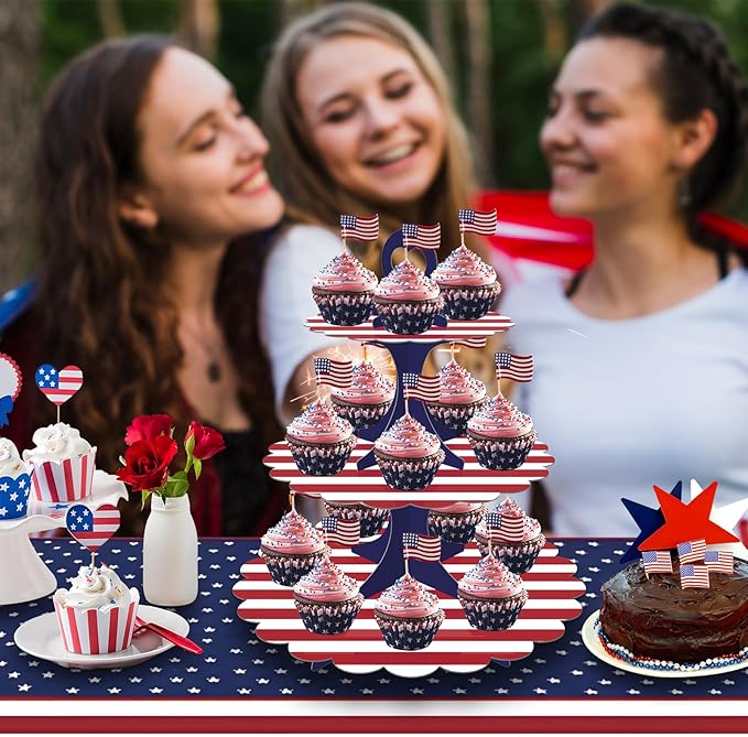 Patriotic Cupcake Stand, 3-Tier Red White Blue Cardboard Dessert Tower, Independence Day Memorial Veterans Day Party Decorations, American Flag Theme Dessert Display (2-Pack)