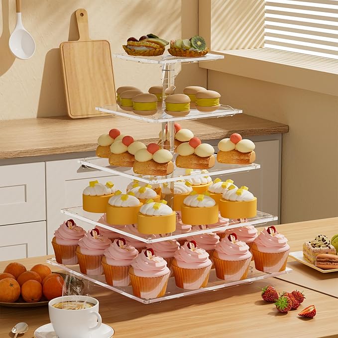 weddingwish 5 Tier Acrylic Cupcake Stand with LED Light, Clear Cupcake Stand for 50 Cupcakes, Cupcake Holder Tower Dessert Table Display Set for Birthday, Baby Shower, Tea Party and Wedding Décor
