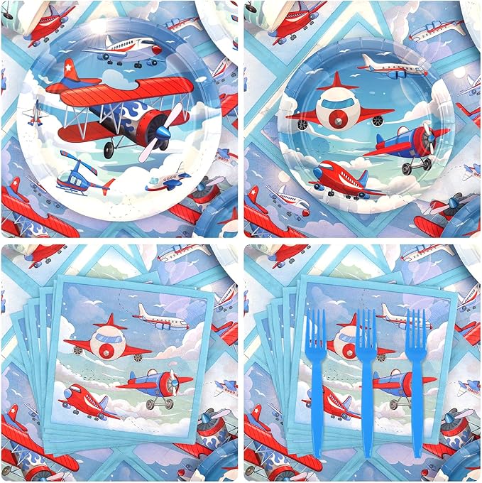 Airplane Party Supplies - Camping Party Tableware - Dinner Plates, Dessert Plates, Napkins, Forks for Plane Theme Party, Baby Shower Supplies, Serves 25
