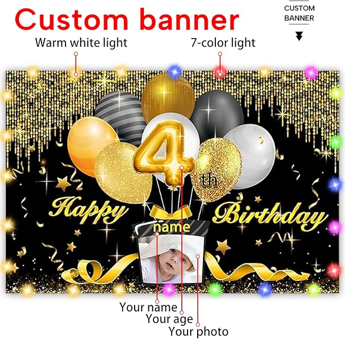 Dicodes Custom Black and Gold Theme Birthday Banner for Party Happy Birthday Backdrop Decoration Personalized with Name and Photo
