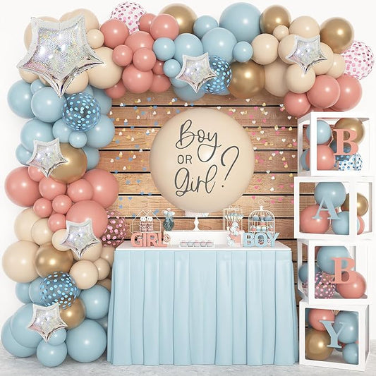 Amandir 164PCS Gender Reveal Balloon Boxes Decorations, Dusty Pink and Blue Balloon Garland Kit 4pcs Boxes with Letters (A-Z+ Baby) for Baby Shower Birthday Boy or Girl Gender Reveal Party Supplies