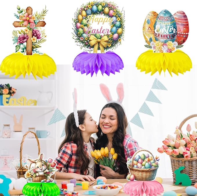 Easter Honeycomb Table Centerpieces, 9 Pack Cute Rabbit Retro Easter Eggs Adorable Chick Honeycomb Centerpieces for Happy Easter Hunt Party Decorations Birthday Baby Shower Spring Party Favors