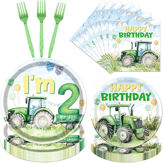 Rakuto Tractor 2nd Birthday Decorations Supplies, 96PCS Tractor Party Plates Napkins and Forks Set, Disposable Farm Two Years Old Birthday Tableware for Boys Serves 24