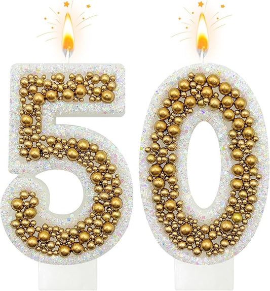 50 Birthday Number Candle for Cake, Glitter Number Candle with Gold Beads, Decorative Cake Topper for Milestone Celebrations