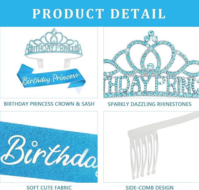 CAVETEE Princess Crowns and Sashes for Girls & Women - Birthday Party Decorations Set